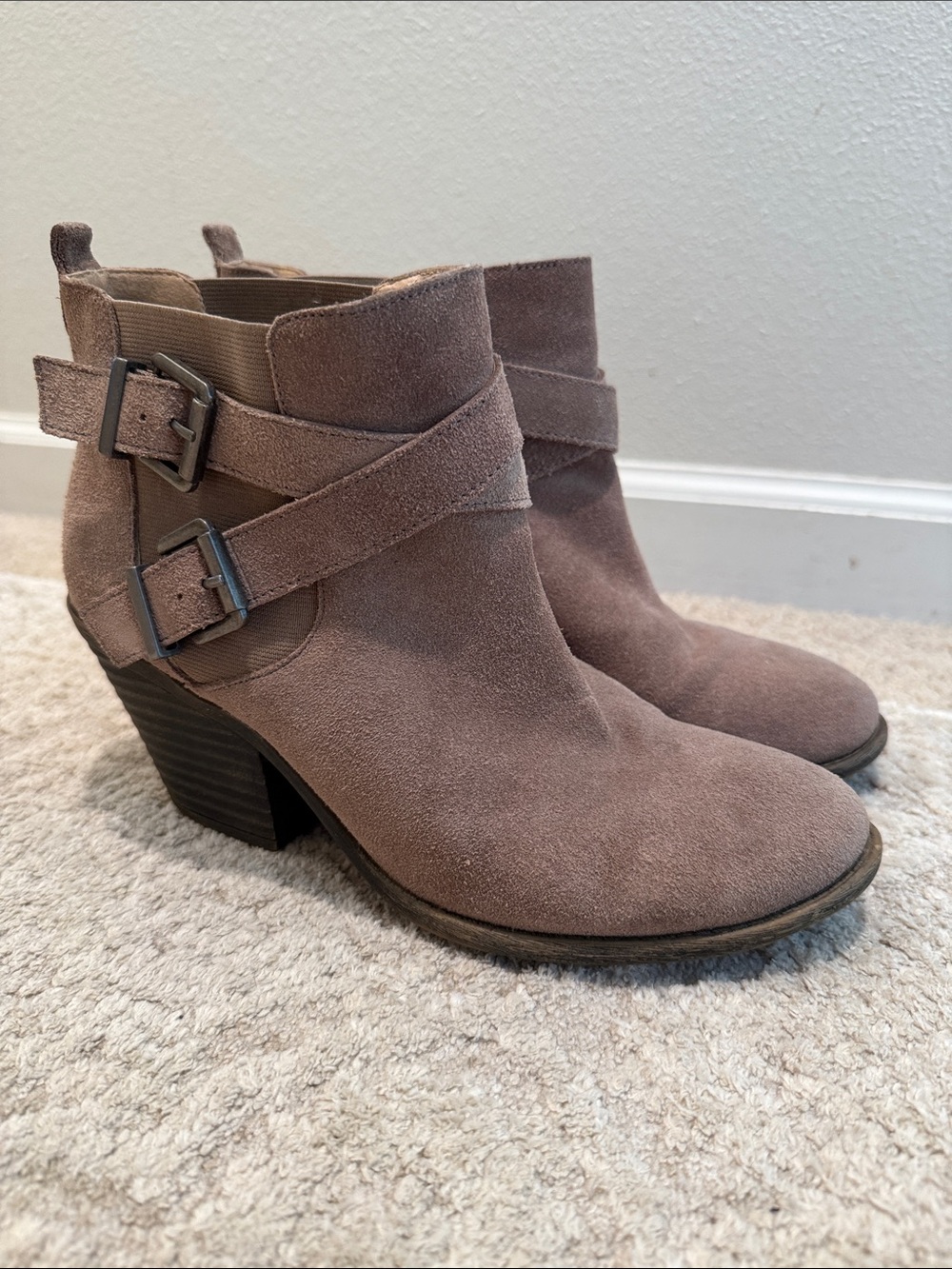 Sole Society “So-Maris” Size 9B/39 Pull On Buckle Booties Suede Tan/Lt. Brown